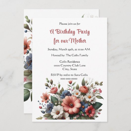 母エレガントハッピーバースデーパーティの招待状 招待状 (正面/裏面)