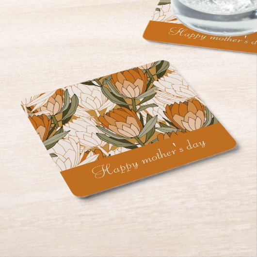 母カスタムの日の茶色のフローラの上品な スクエアペーパーコースター (アングル)