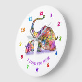 母カラフルとベビーの象-テキストの追加 ラージ壁時計 (傾斜)