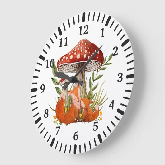 母キツネと彼女のベビーの下の大きのこ ラージ壁時計 (傾斜)