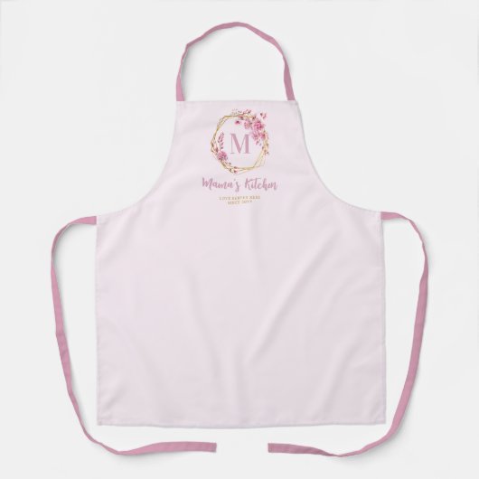 母ギフトほこりっぽいピンクのワイルドフラワーズモノグラムフローラ エプロン (正面)