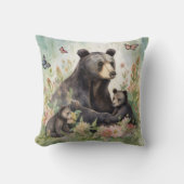 母クマ 子熊 ちょうちょ 花 絵画 クッション (正面)