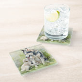 母シベリアのハスキー犬の母の背絵を描景 ガラスコースター (アングル)