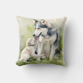 母シベリアのハスキー犬の母の背絵を描景 クッション (正面)