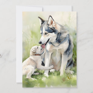 母シベリアのハスキー犬の母の背絵を描景 シーズンカード