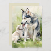母シベリアのハスキー犬の母の背絵を描景 シーズンカード (正面/裏面)