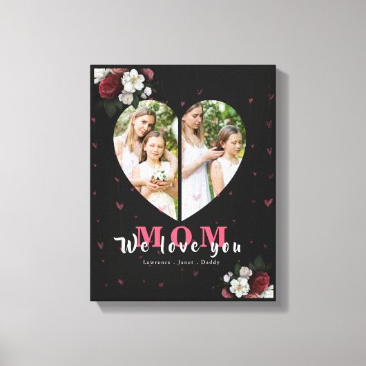 母シンプルの日に贈る黒いハート形のプレゼント キャンバスプリント (正面)