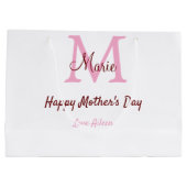 母シンプルミニマル日モノグラムのピンクの名前テックス ラージペーパーバッグ (裏面)
