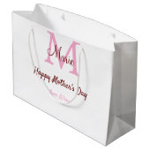 母シンプルミニマル日モノグラムのピンクの名前テックス ラージペーパーバッグ (裏面アングル)