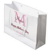 母シンプルミニマル日モノグラムのピンクの名前テックス ラージペーパーバッグ (正面アングル)