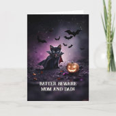 母パパ親ハッピーハローウィンかわいい黒猫 カード (正面)