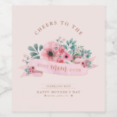 母パーソナライズされたの日ピンクの水色フローラ ワインラベル (シングルラベル)