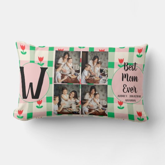 母パーソナライズされた日，写真コラージュフローラギフト ランバークッション (正面)