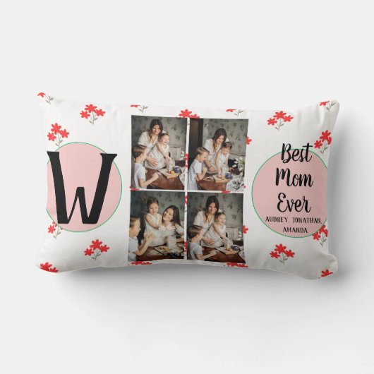 母パーソナライズされた日，写真コラージュフローラギフト ランバークッション (裏面)
