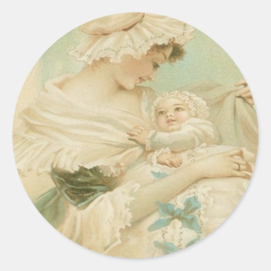 母ビクトリアンが子の母の日のカードを持つ ラウンドシール (正面)