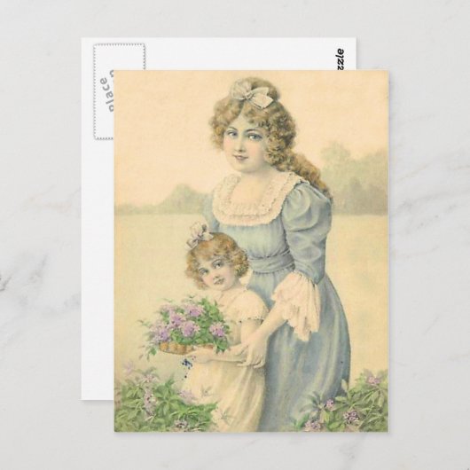 母ビクトリアン娘が花を摘む母の日 ポストカード (正面/裏面)