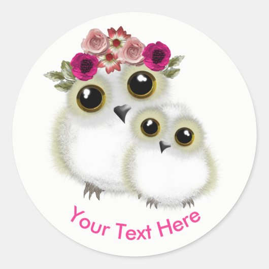 母ベビーかわいいフクロウピンクパーソナライズされたホワイト ラウンドシール (正面)