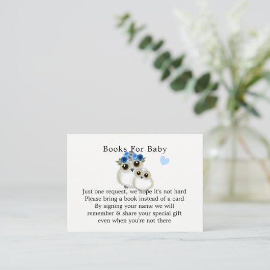 母ベビーかわいいフクロウ男の赤ちゃんシャワーブックリクエスト エンクロージャーカード (スタンド正面)