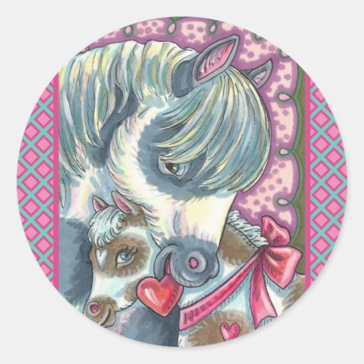 母ポニーと彼女のかわいいバレンタインフィリー、馬 ラウンドシール (正面)