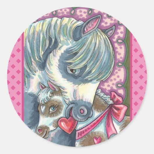 母ポニーと彼女のかわいいバレンタインフィリー、馬 ラウンドシール (正面)