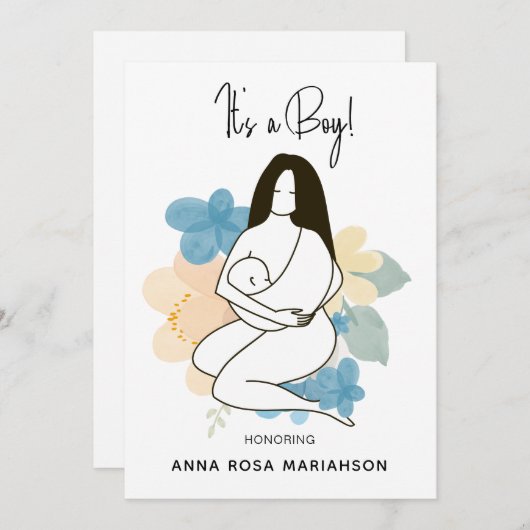 *~*母ママ保持ベビーフローラ赤ちゃんシャワーボーイ 招待状 (正面/裏面)