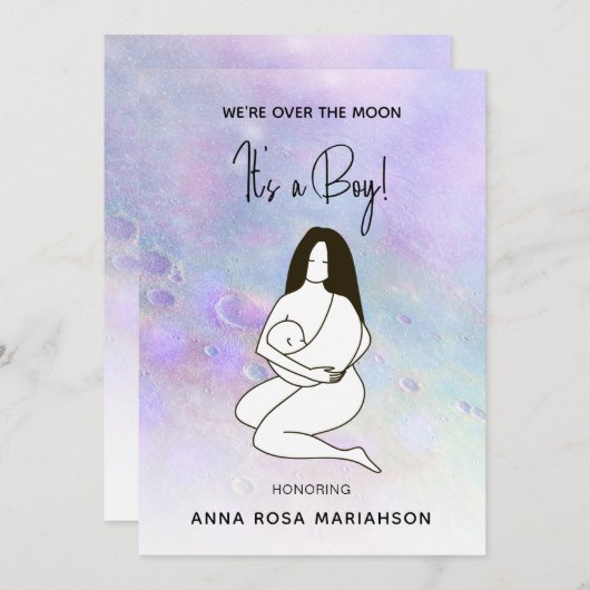 *母ママ保持ベビームーンクレーターシャワーボーイ 招待状 (正面/裏面)