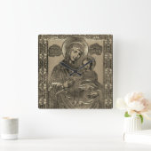 母マリアとイエスキリストのチャイルドシルバー金ゴールド スクエア壁時計 (ホーム)