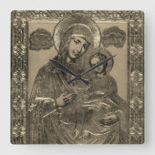 母マリアとイエスキリストのチャイルドシルバー金ゴールド スクエア壁時計 (正面)