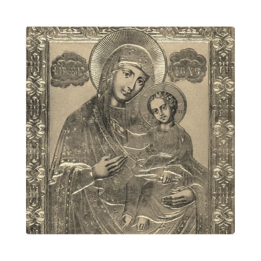 母マリアとイエスキリストフェイクシルバー金ゴールド メタルプリント (正面)