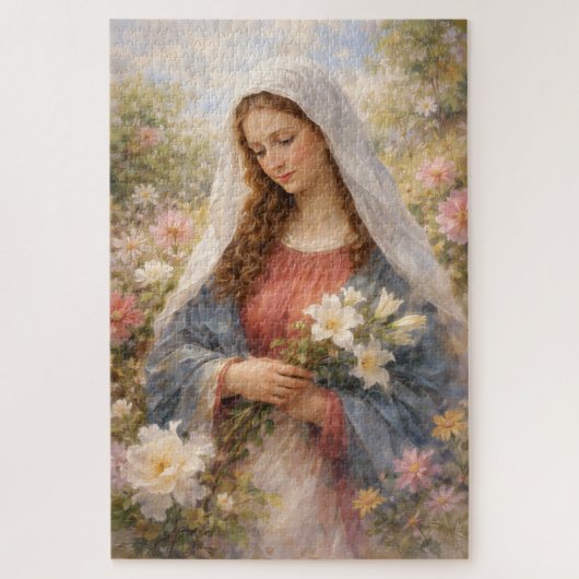 母マリアの花の水彩画 グレースと献身のギフト ジグソーパズル (縦)