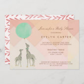 母及びベビーのキリン及び気球%PIPE%のベビーシャワー 招待状 (正面/裏面)
