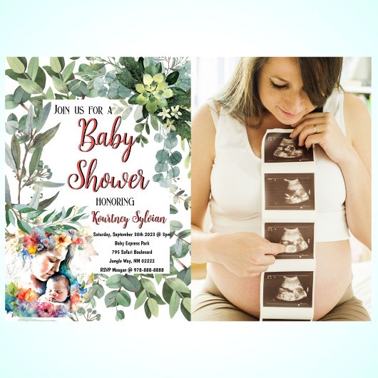 母子水彩写真赤ちゃんシャワー 招待状