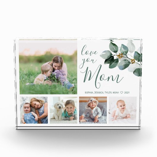 母家族の写真コラージュ水の色ユーカリ フォトブロック (正面)