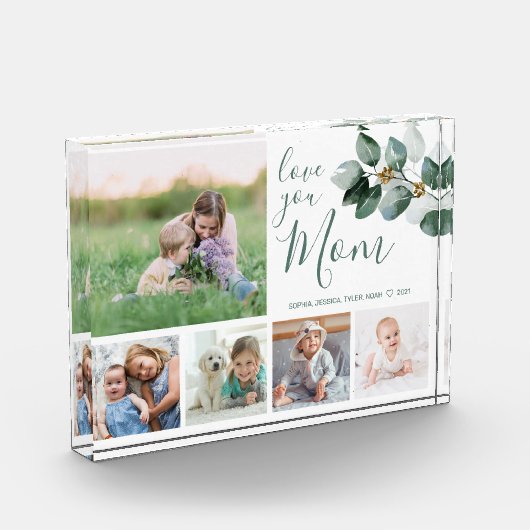 母家族の写真コラージュ水の色ユーカリ フォトブロック (左)