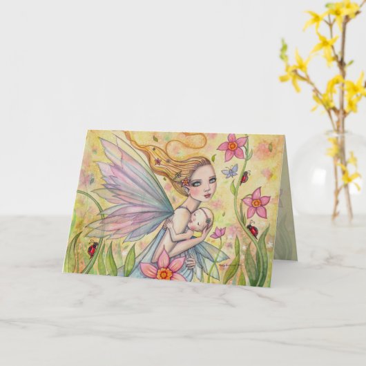母性愛の妖精の母およびベビーのファンタジーの芸術 カード (黄色い花)