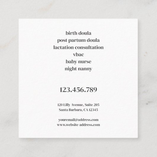 母性開花Doula助産婦授乳妊娠 スクエア名刺 (裏面)