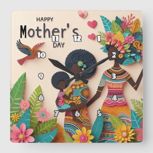 母性：鮮やか、フローラ、文化お祝い スクエア壁時計 (正面)