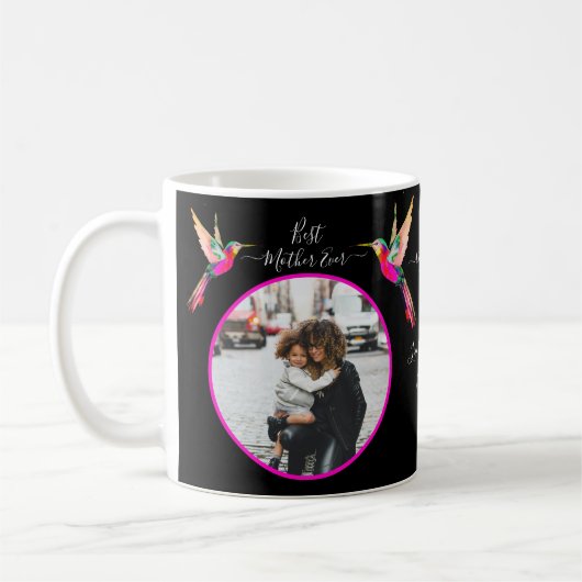 母最高のは今まで!家族写真ハミングバード コーヒーマグカップ (左)