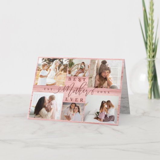 母最高のは常に写真コラージュのピンクの木目 カード (正面)