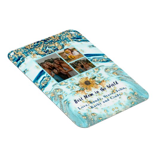 母最高の付4枚フォトコラージュ青い大理石 マグネット (右側)