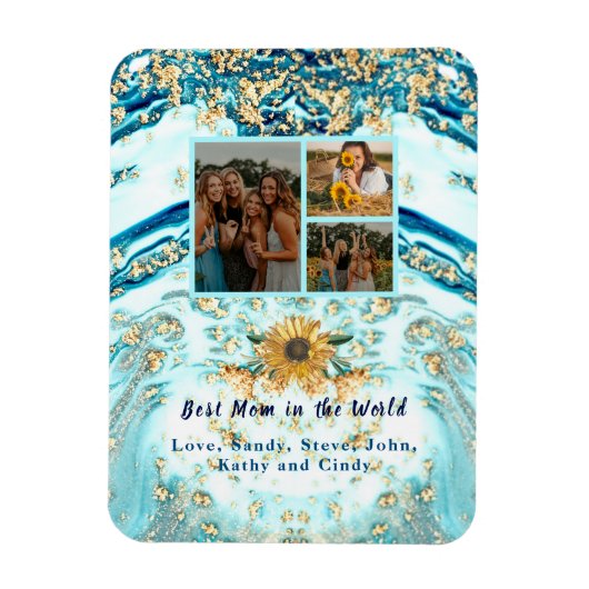 母最高の付4枚フォトコラージュ青い大理石 マグネット (縦)