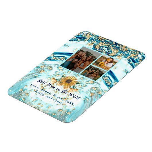 母最高の付4枚フォトコラージュ青い大理石 マグネット (左側)