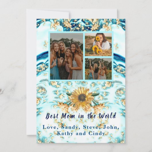 母最高の付4枚フォトコラージュ青い大理石 案内状 (正面)