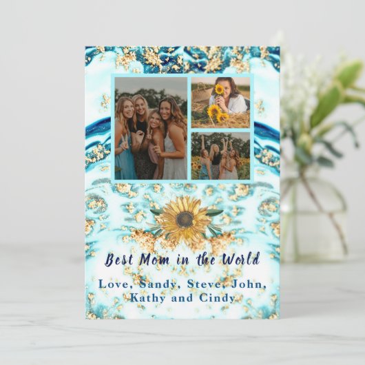 母最高の付4枚フォトコラージュ青い大理石 案内状 (スタンド正面)