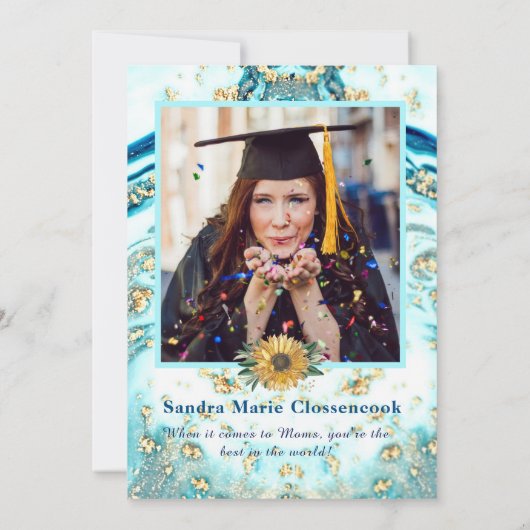 母最高の付4枚フォトコラージュ青い大理石 案内状 (裏面)