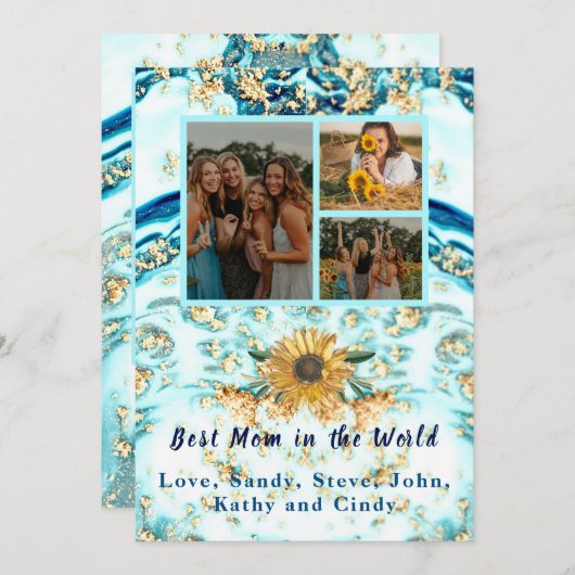 母最高の付4枚フォトコラージュ青い大理石 案内状 (正面/裏面)