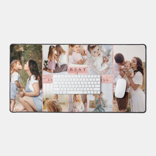 母最高の家族の写真コラージピンクウッドグレイン デスクマット (キーボード&マウス)