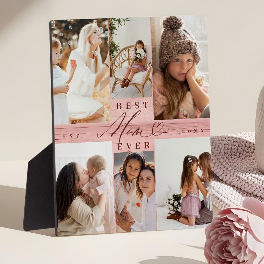 母最高の家族の写真コラージピンクウッドグレイン フォトプラーク