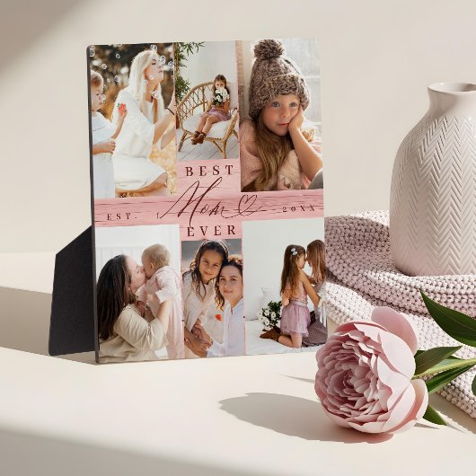 母最高の家族の写真コラージピンクウッドグレイン フォトプラーク