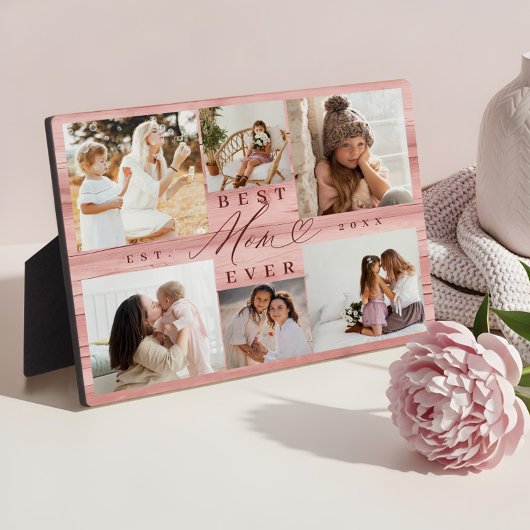 母最高の家族の写真コラージピンクウッドグレイン フォトプラーク
